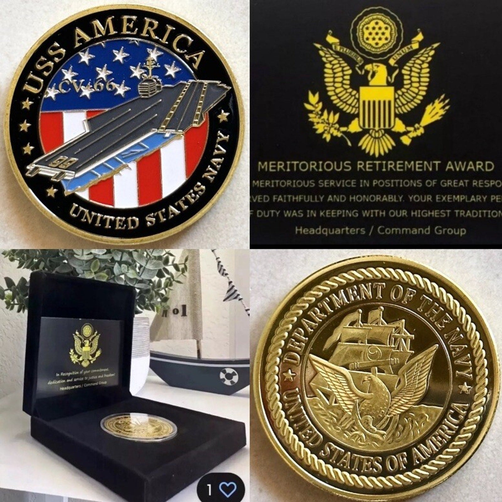 US NAVY - USS AMERICA CV-66 Aircraft Carrier Coin With Retirement Award