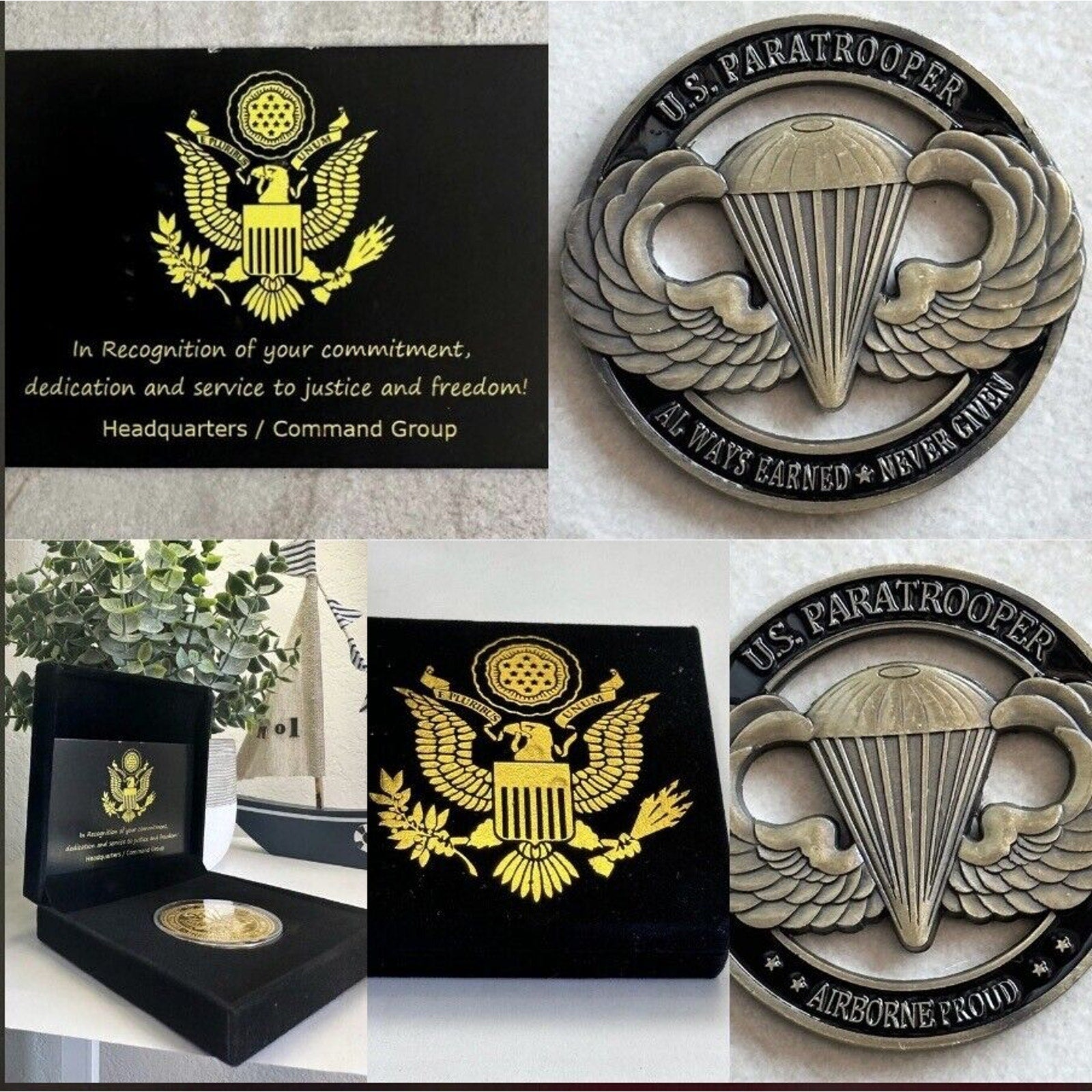 2 Pcs ARMY CAPTAIN RANK MILITARY CPT & US Paratrooper 82nd Airborne Challenge