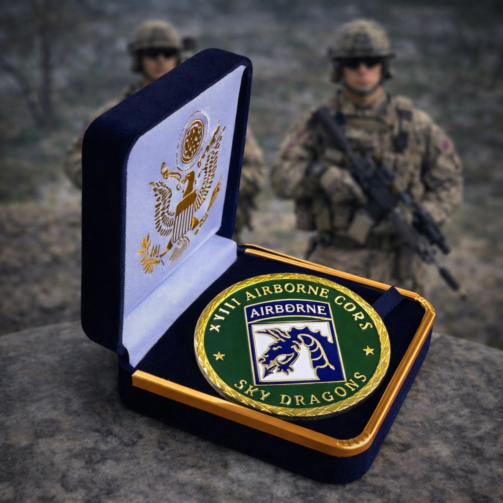 U.S. Army 18th Airborne Corps Sky Dragons ChallengeCoin ·FAST SHIPPING·with case