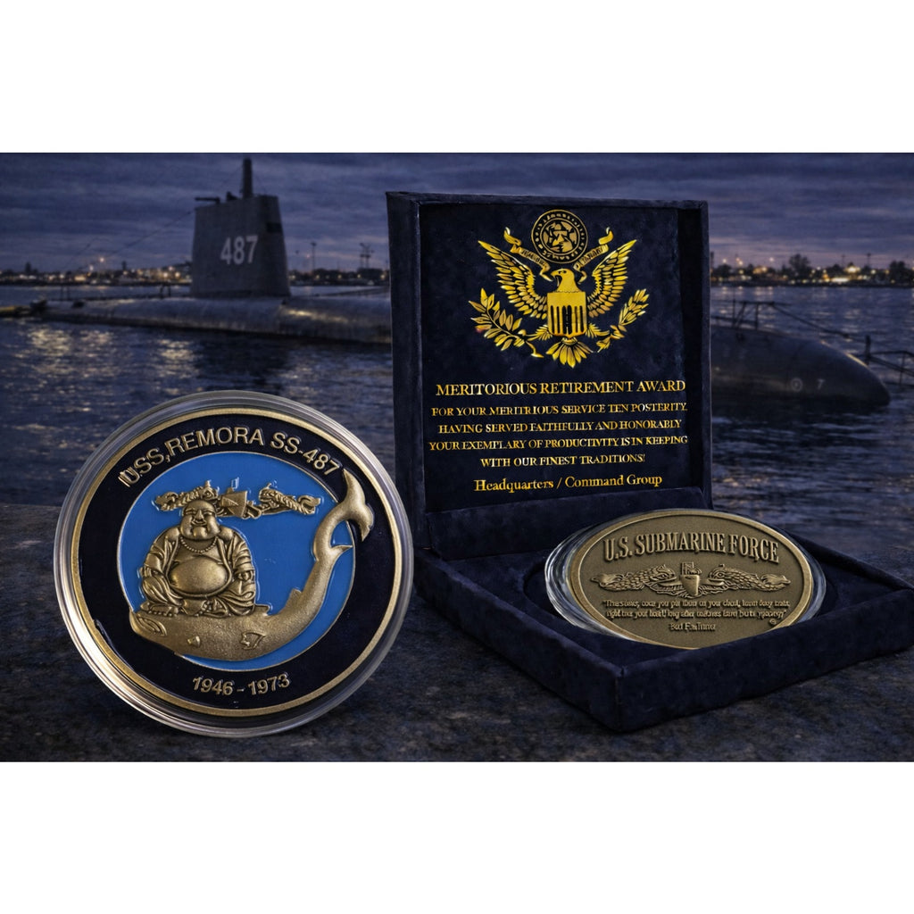 RARE NAVY USS REMORA SS-487 SUBMARINE FORCE CHALLENGE COIN w/ Retirement Award