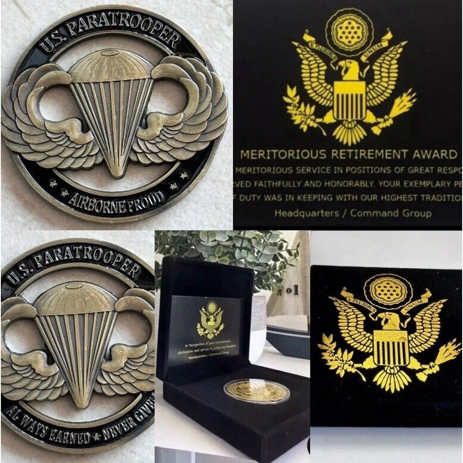 US ARMY PARATROOPER Airborne Coin-Hallow Bronze/Black NEW W/Retirement Award