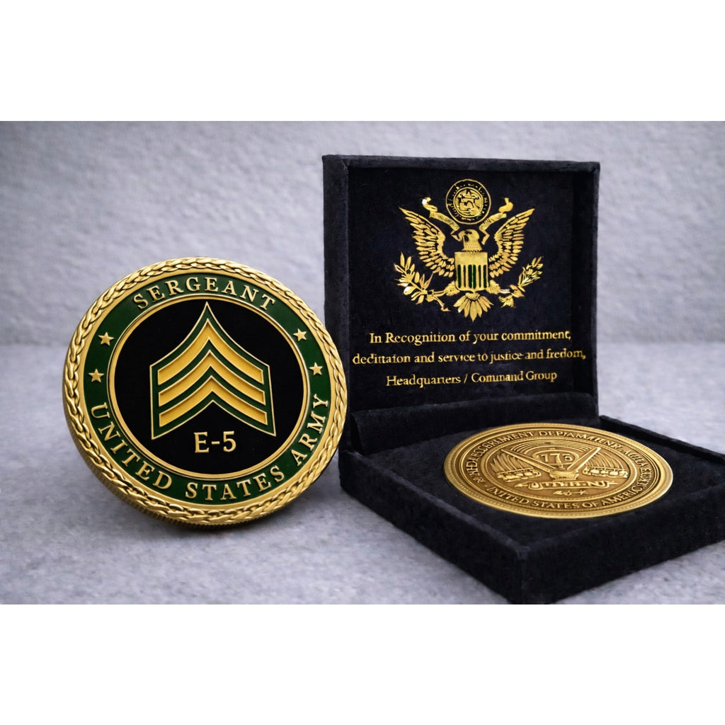 U.S. Army Sergeant E-5 Rank Challenge Coin w/ Achievement Award