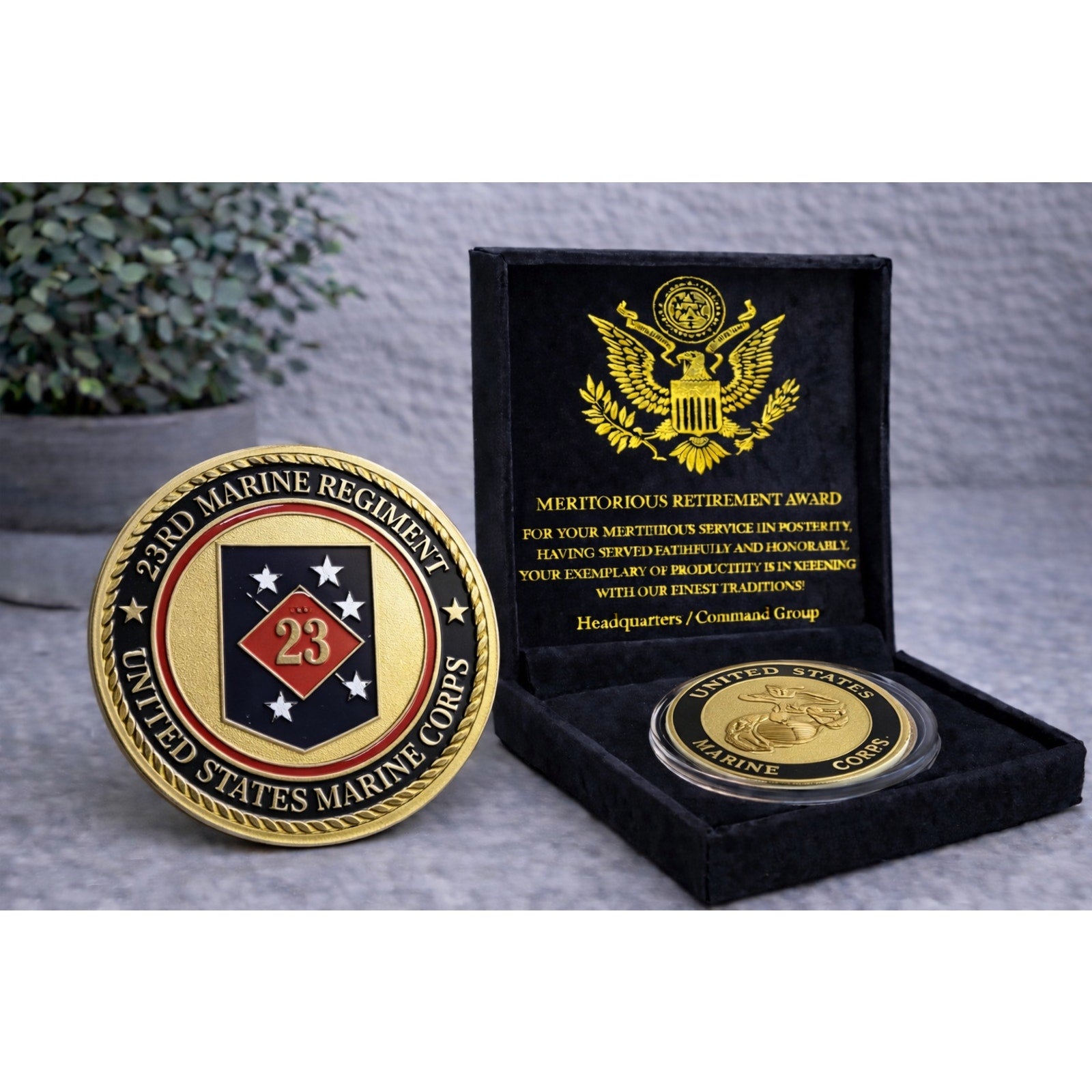 US MARINE CORPS - 23rd MARINE REGIMENT Challenge Coin w/ Retirement Award