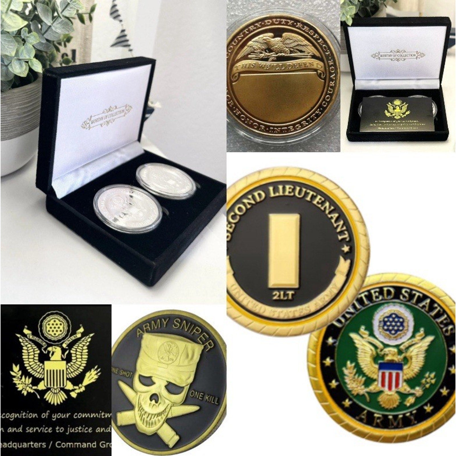 2pcs Army Rank 2LT 2nd O-2 And Sniper Coin