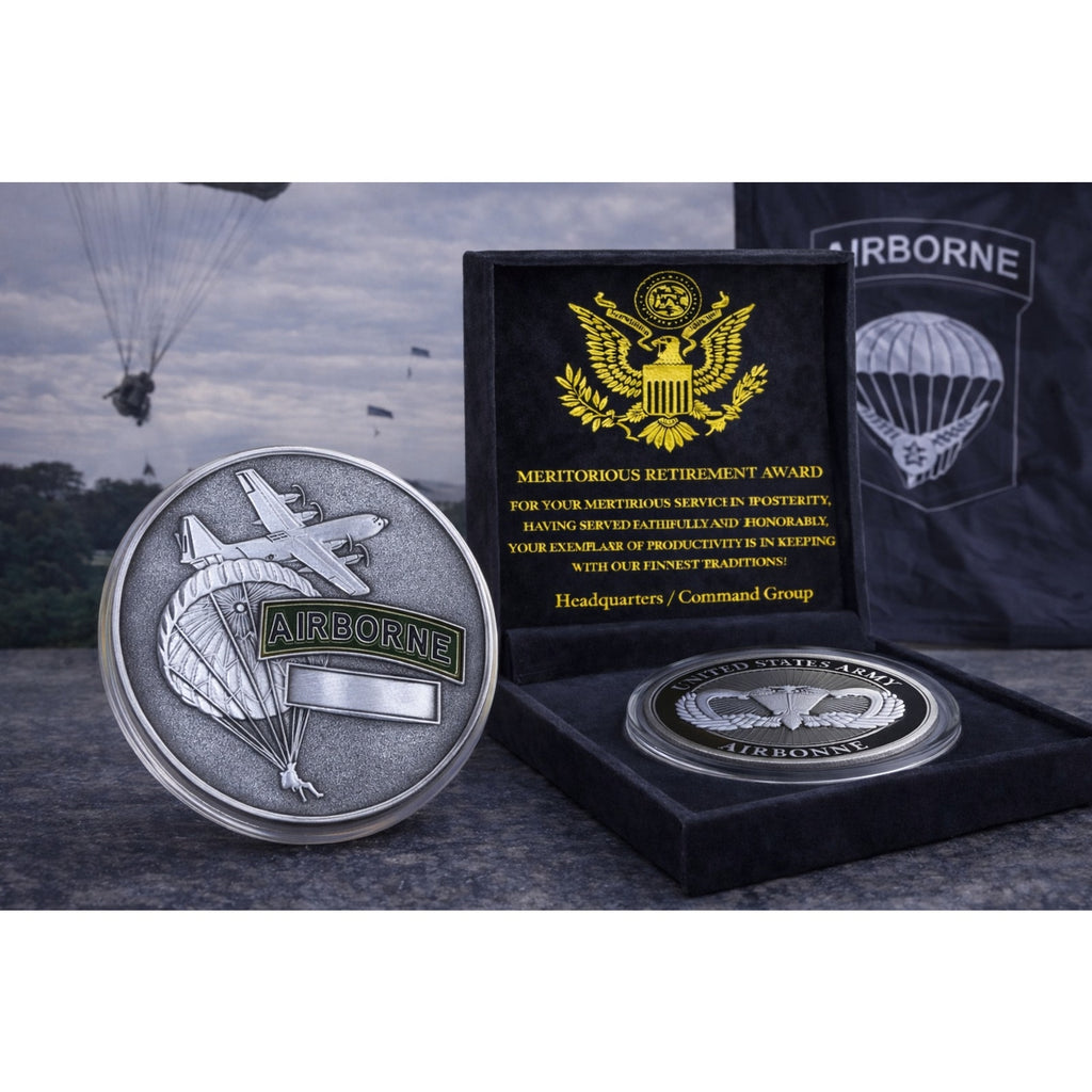 United State Army Airborne Challenge Coin, Fast Shipping w/ Retirement Award