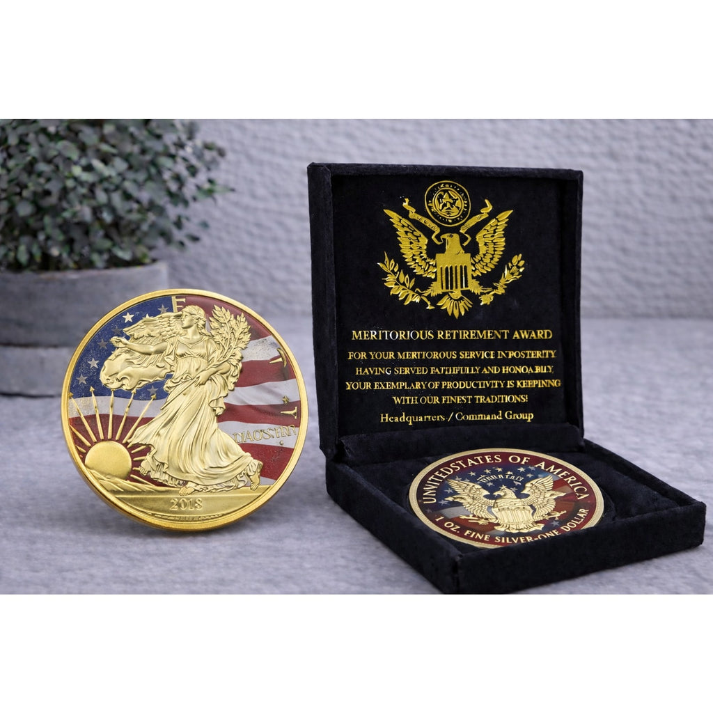 Statue Of Liberty Walking Golden Coin, Souvenir Coin, w/ Retirement Award
