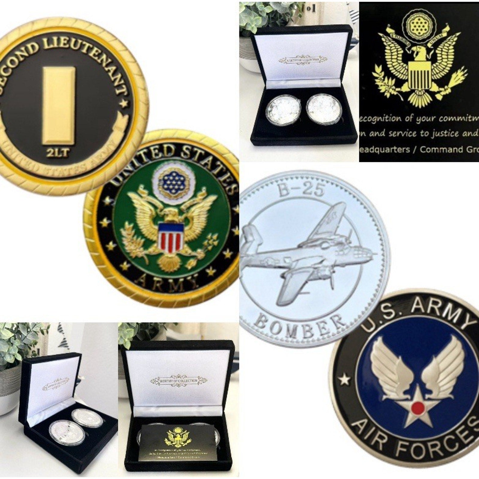 2pcs Army Rank 2LT 2nd O-2 And B-25 Bomber Coin