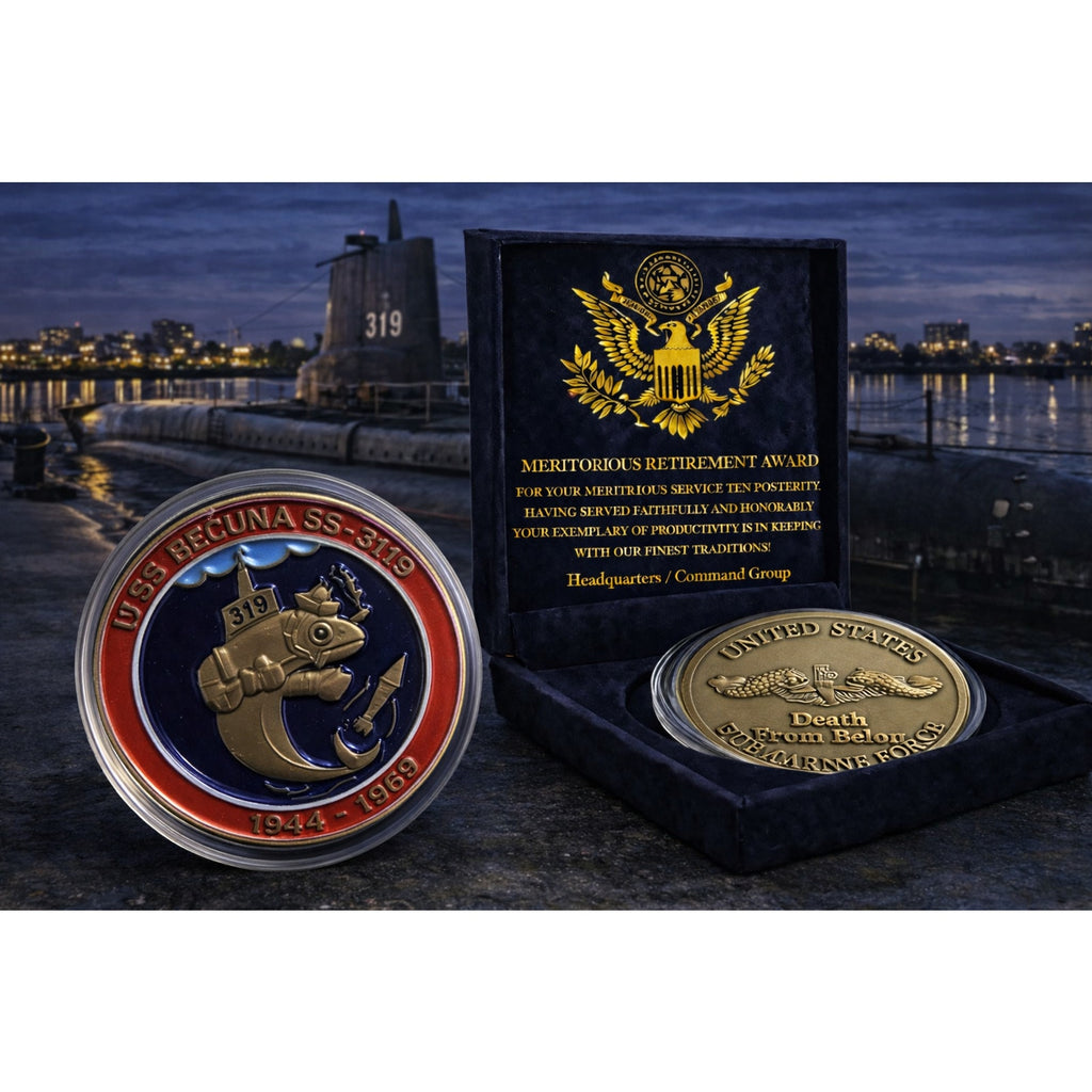 USS Becuna SS 319 Submarine Challenge Coin USN w/ Retirement Award