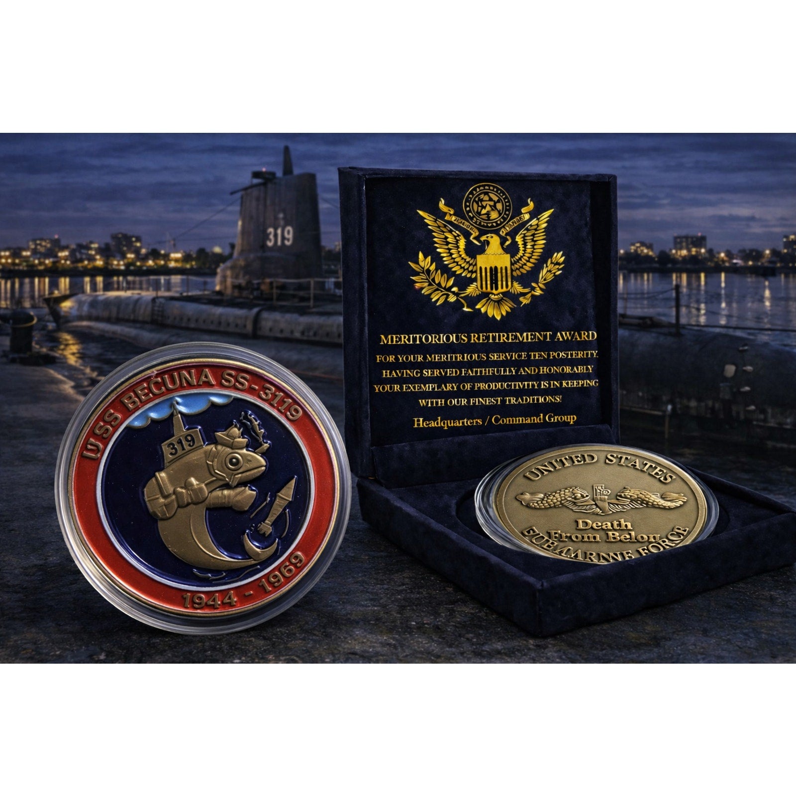 USS Becuna SS 319 Submarine Challenge Coin USN w/ Retirement Award