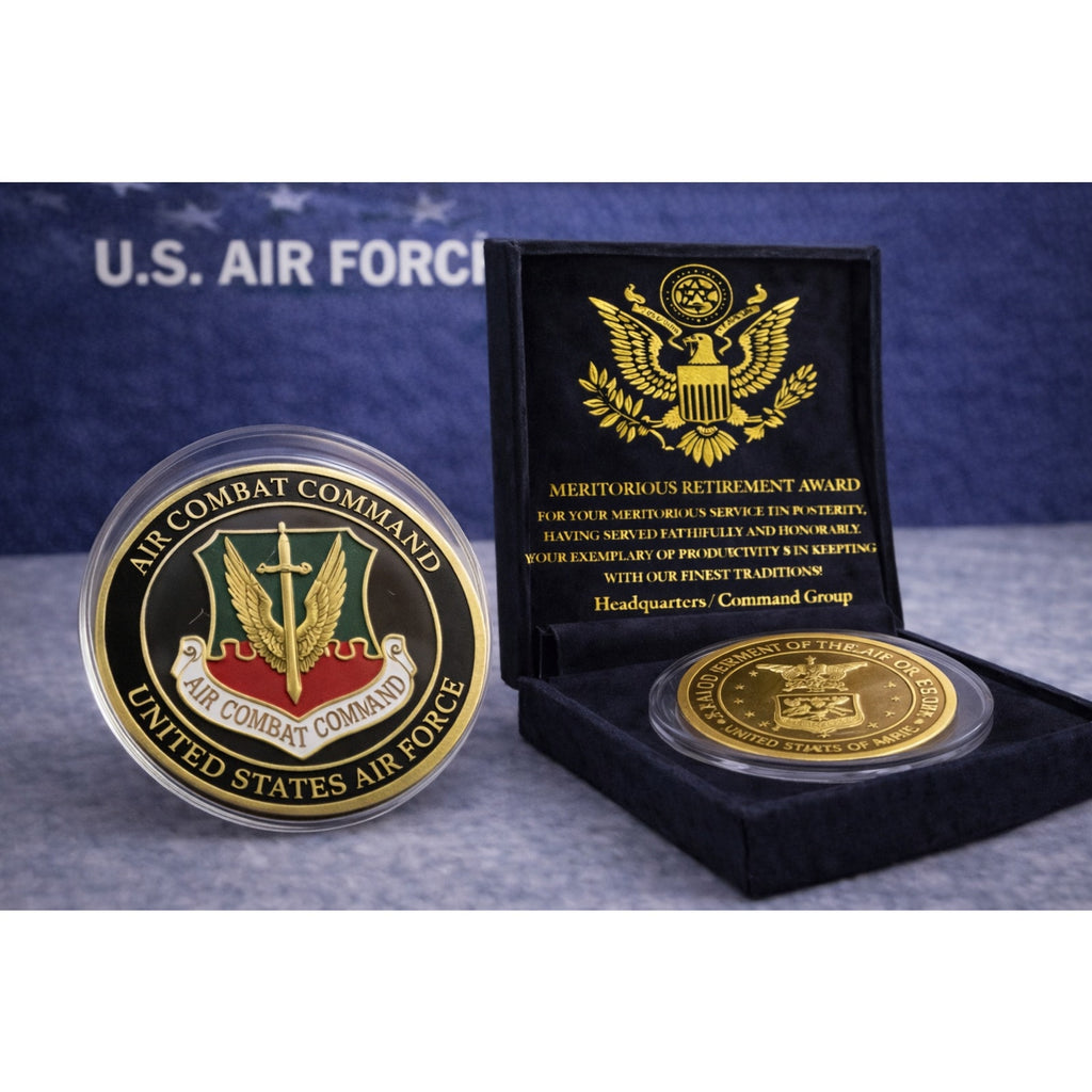 U S AIR FORCE AIR COMBAT COMMAND Challenge Coin USA F w/ Retirement Award