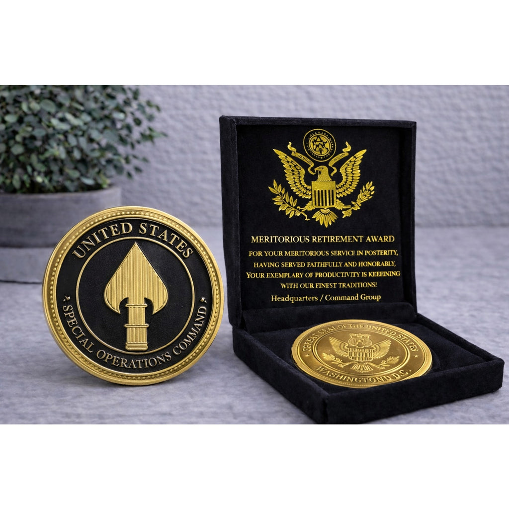 UNITED STATES SPECIAL OPERATIONS COMMAND Challenge Coin USA w/ Retirement Award