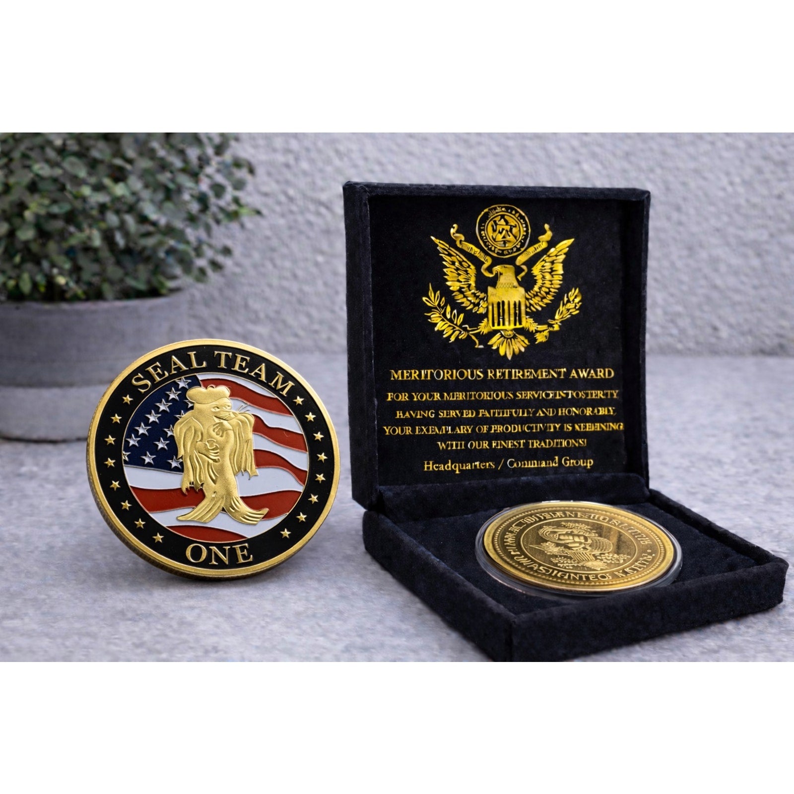 US NAVY SEAL TEAM ONE Challenge Coin w/ Retirement Award