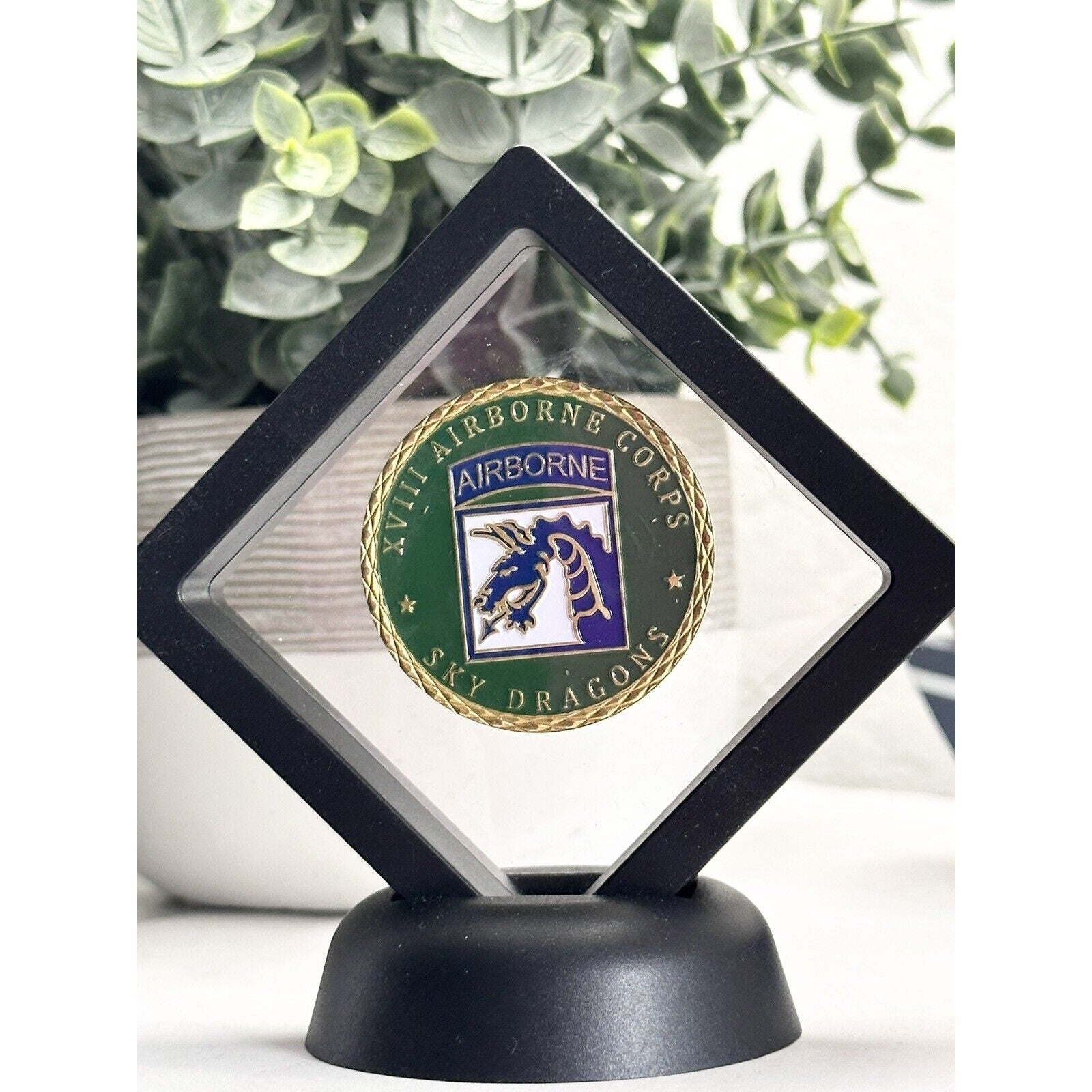 US ARMY XVIII AIRBORNE CORPS Sky Dragons Challenge Coin With Display Case