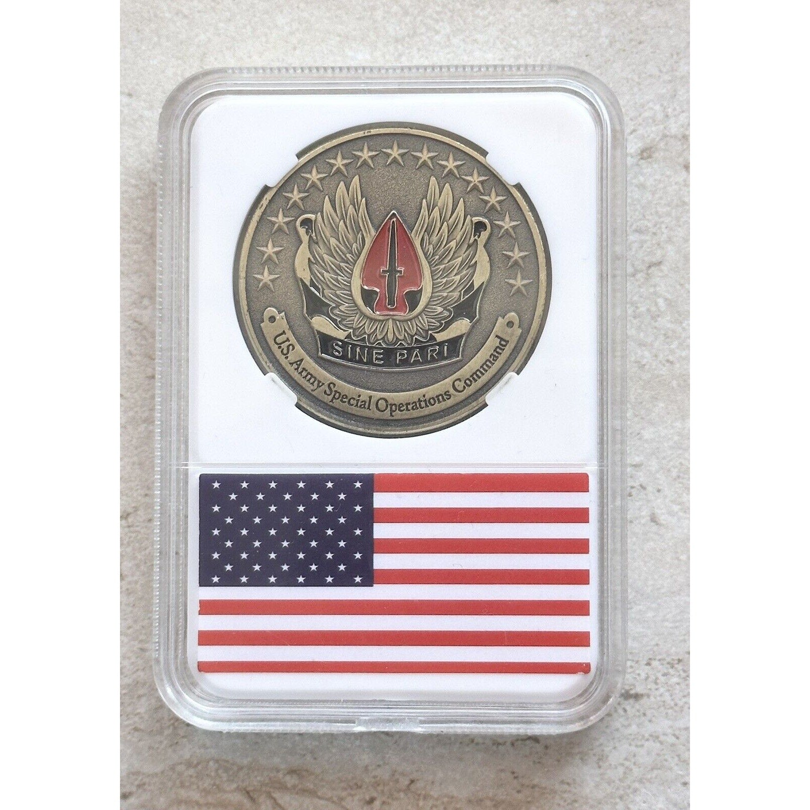 SINE PARI USASOC SPECIAL OPERATIONS COMMAND ARMY CHALLENGE COIN With Case
