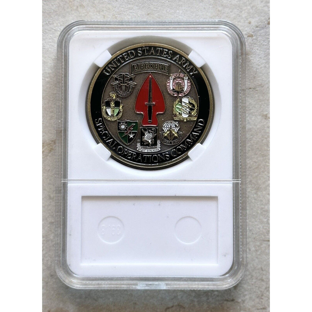 NEW U.S. Army Special Operations Command Sine Pari Challenge Coin With Case