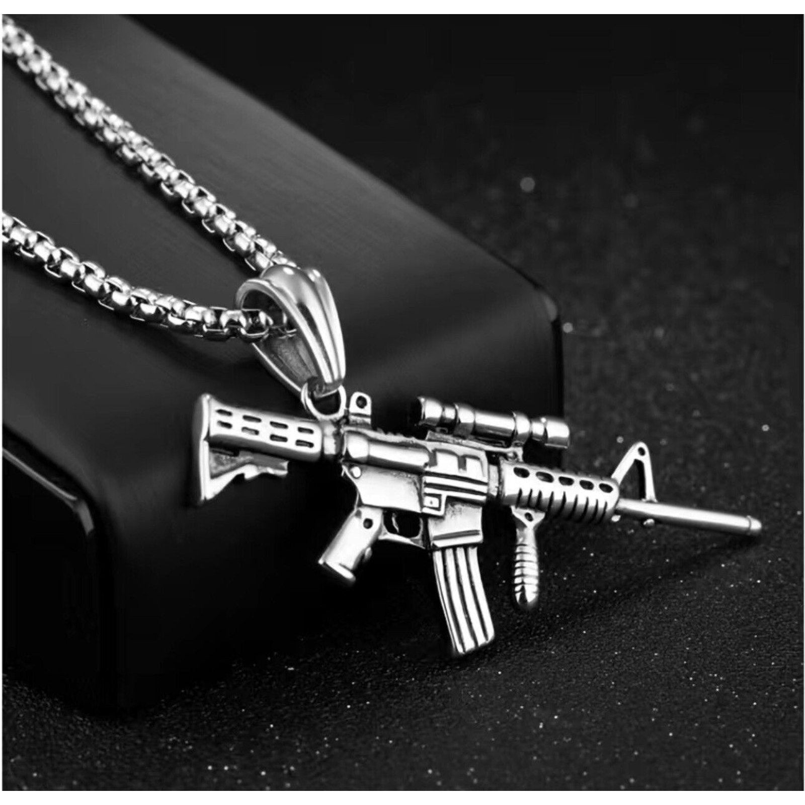 Mens Submachine Gun Bullet Pendant Necklace Punk Jewelry Stainless Steel Chain