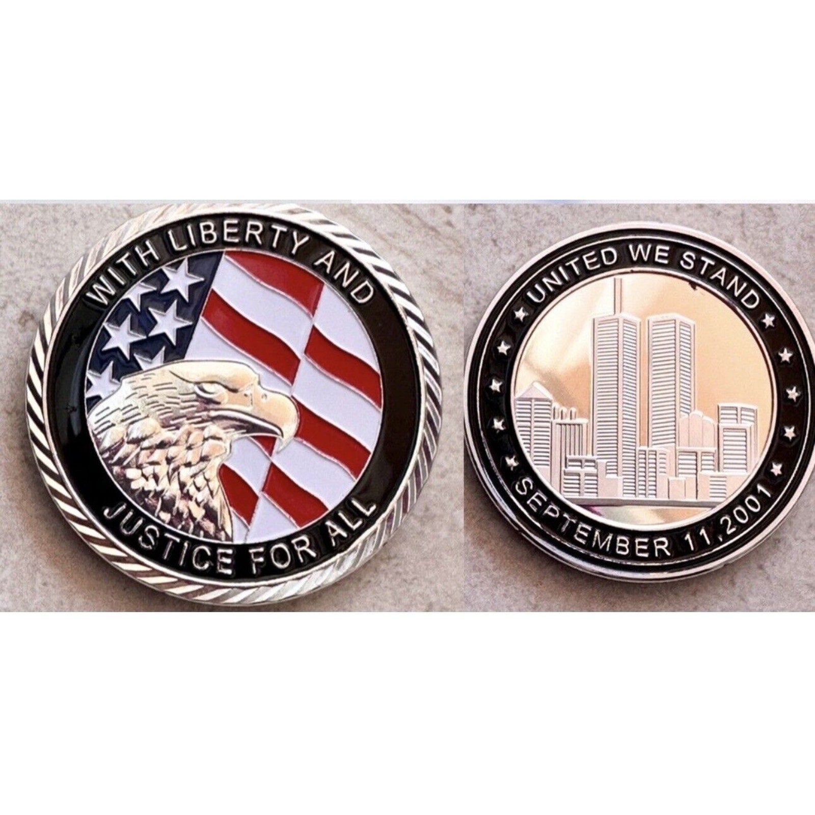 With Liberty & Justice for All United We Stand Sept 11 2001 911 Silver Coin New