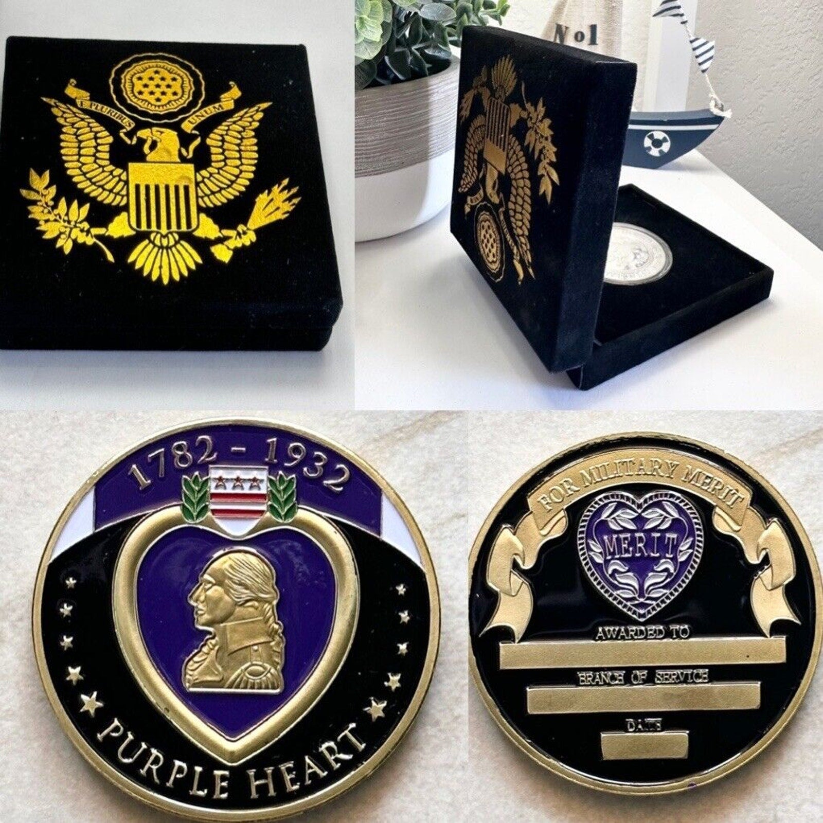Custom Engraved - 1782-1932 Purple Heart Challenge Coin With Special Velvet Case