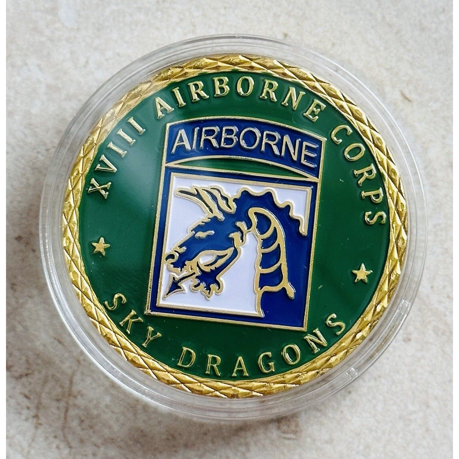 ARMY XVIII 18TH AIRBORNE CORPS SKY DRAGONS CHALLENGE COIN With velvet Case.