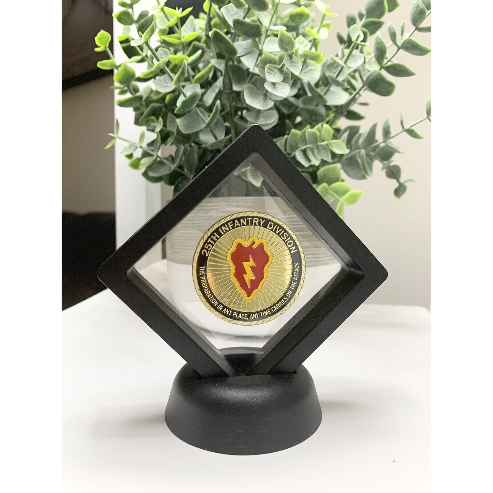 3D Floating Display Case With US Army 25th Infantry Division Challenge Coin
