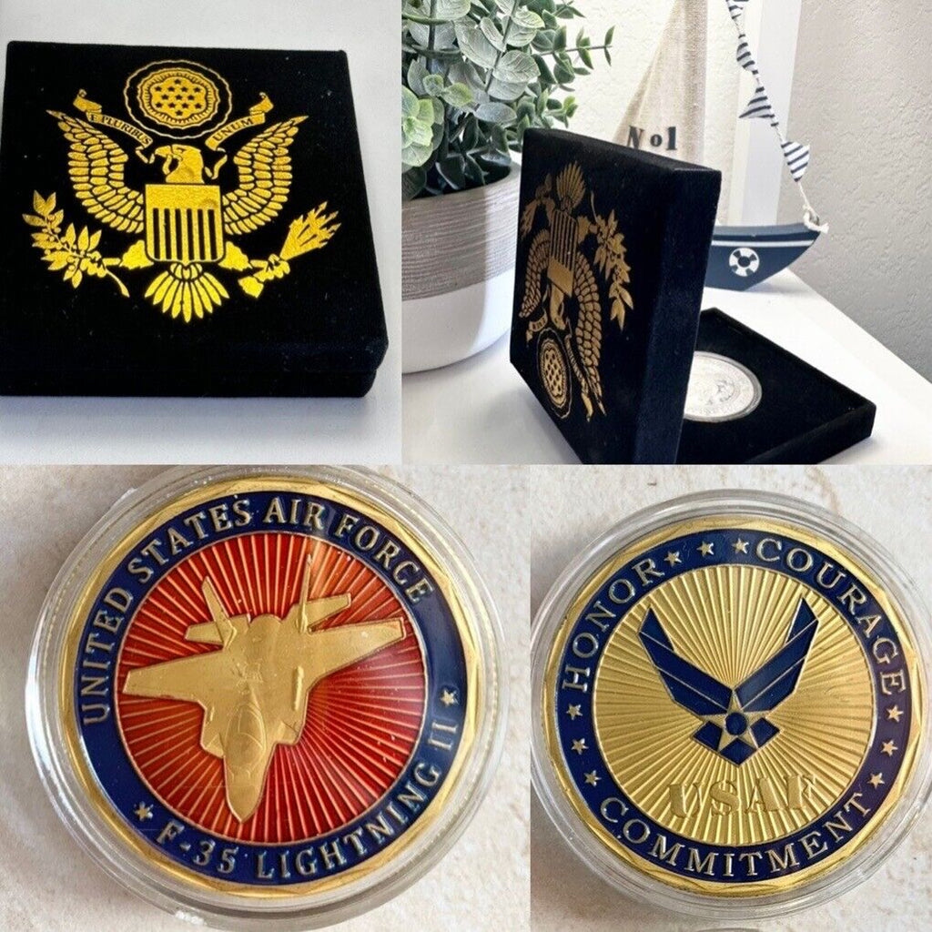 U S AIR FORCE F-35 Lightning II Challenge Coin with velvet presentation box