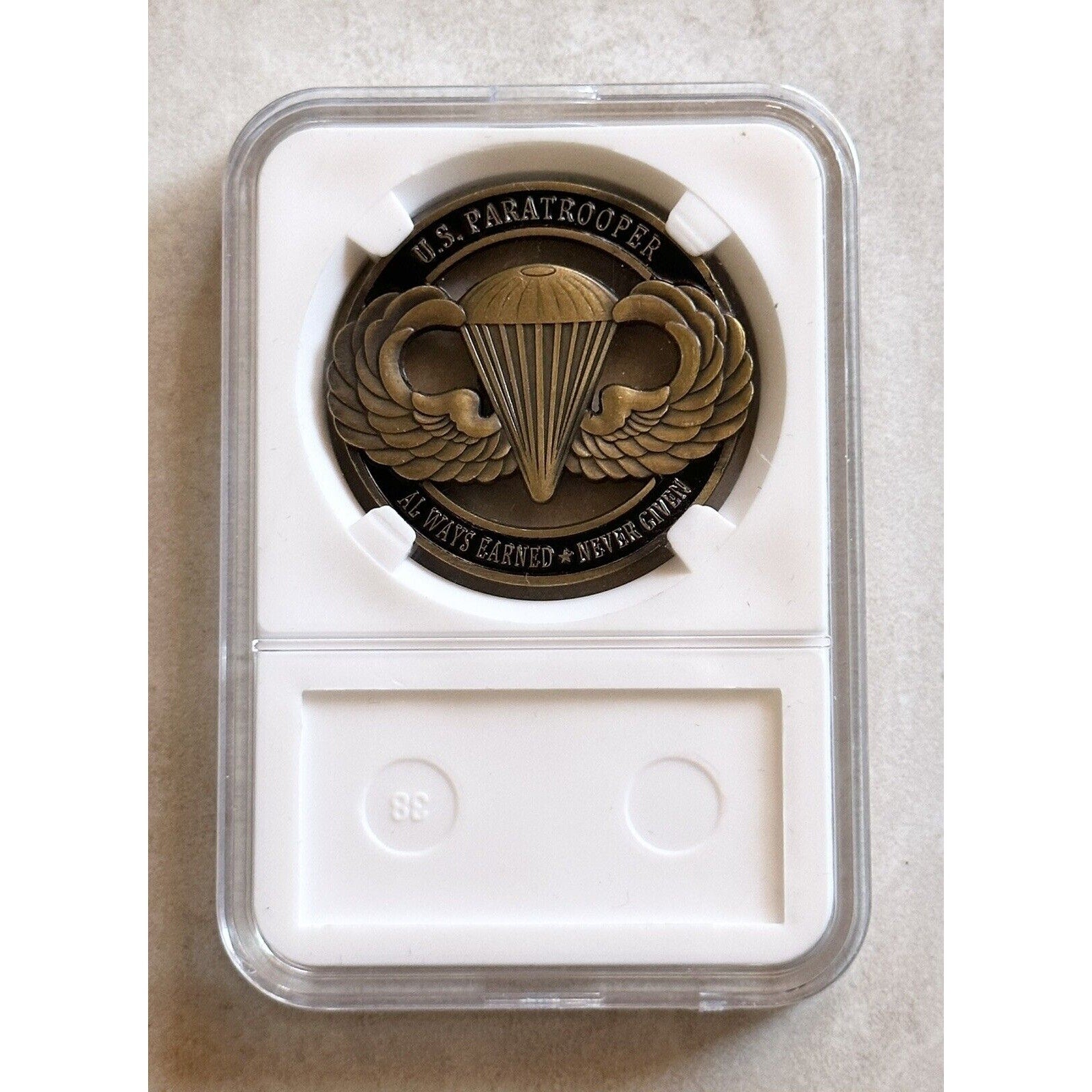U.S. Paratrooper Always Earned Never Given Airborne Proud Challenge Coin W/ Case