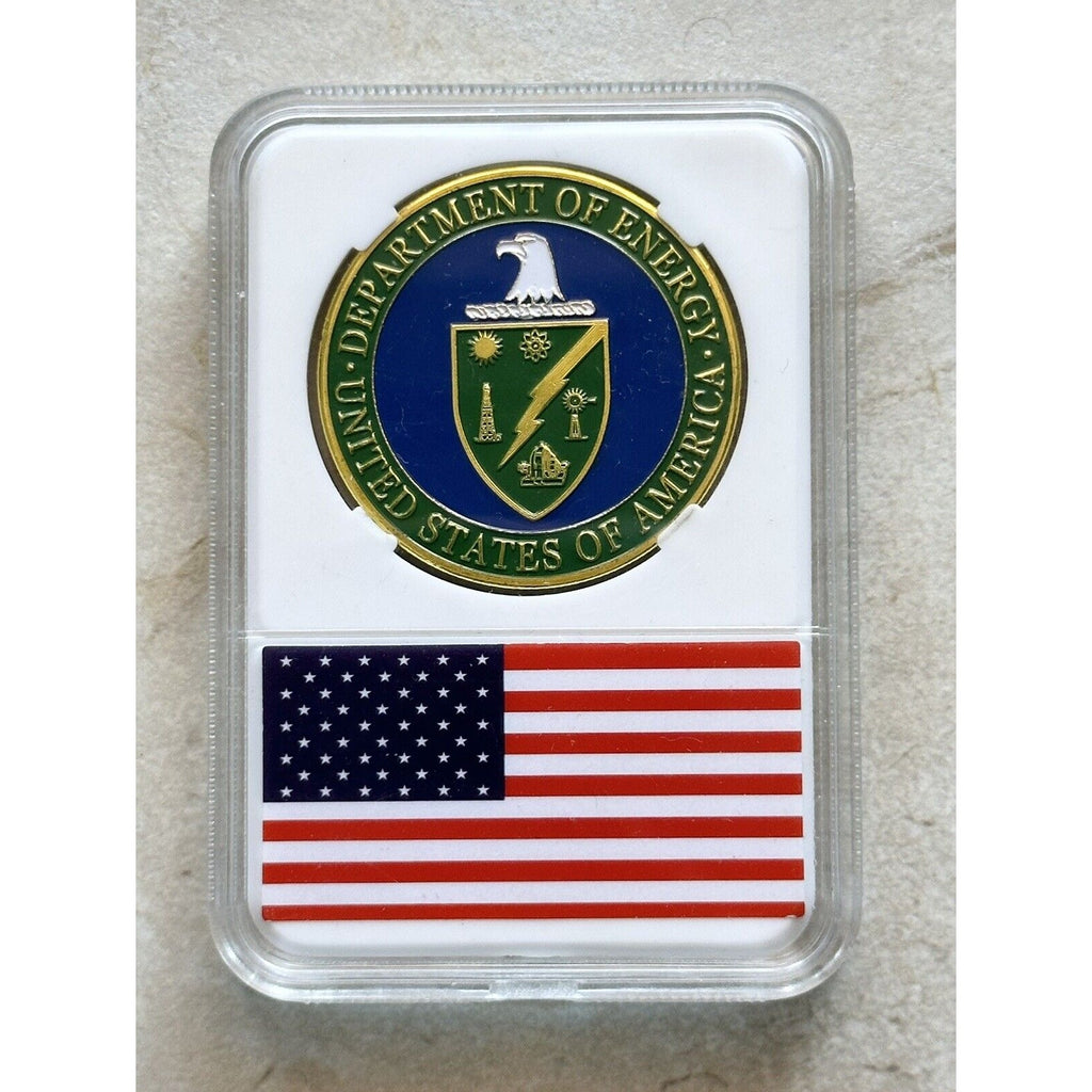 United States Department of Energy (DOE) Challenge Coin with American Flag case