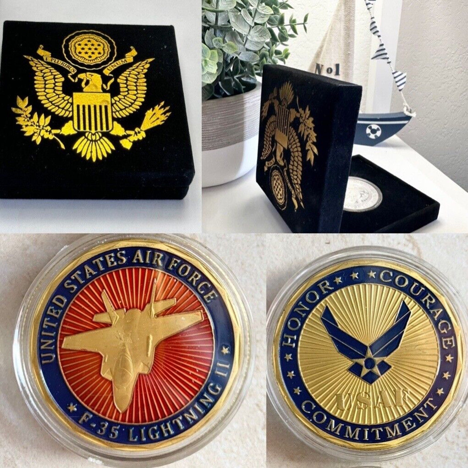 U S AIR FORCE F-35 Lightning II Challenge Coin with velvet presentation box