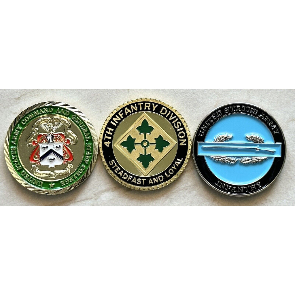 LOT OF 3 CHALLENGES COIN US ARMY 4th INF DIVISION CGSC SCHOOL INFANTRY BADGE NEW