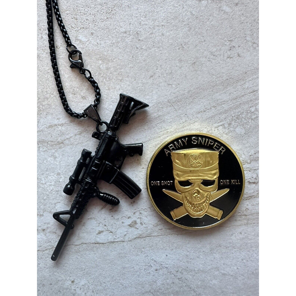 2 pcs U S ARMY SNIPER "ONE SHOT ONE KILL" Challenge Coin & men necklace