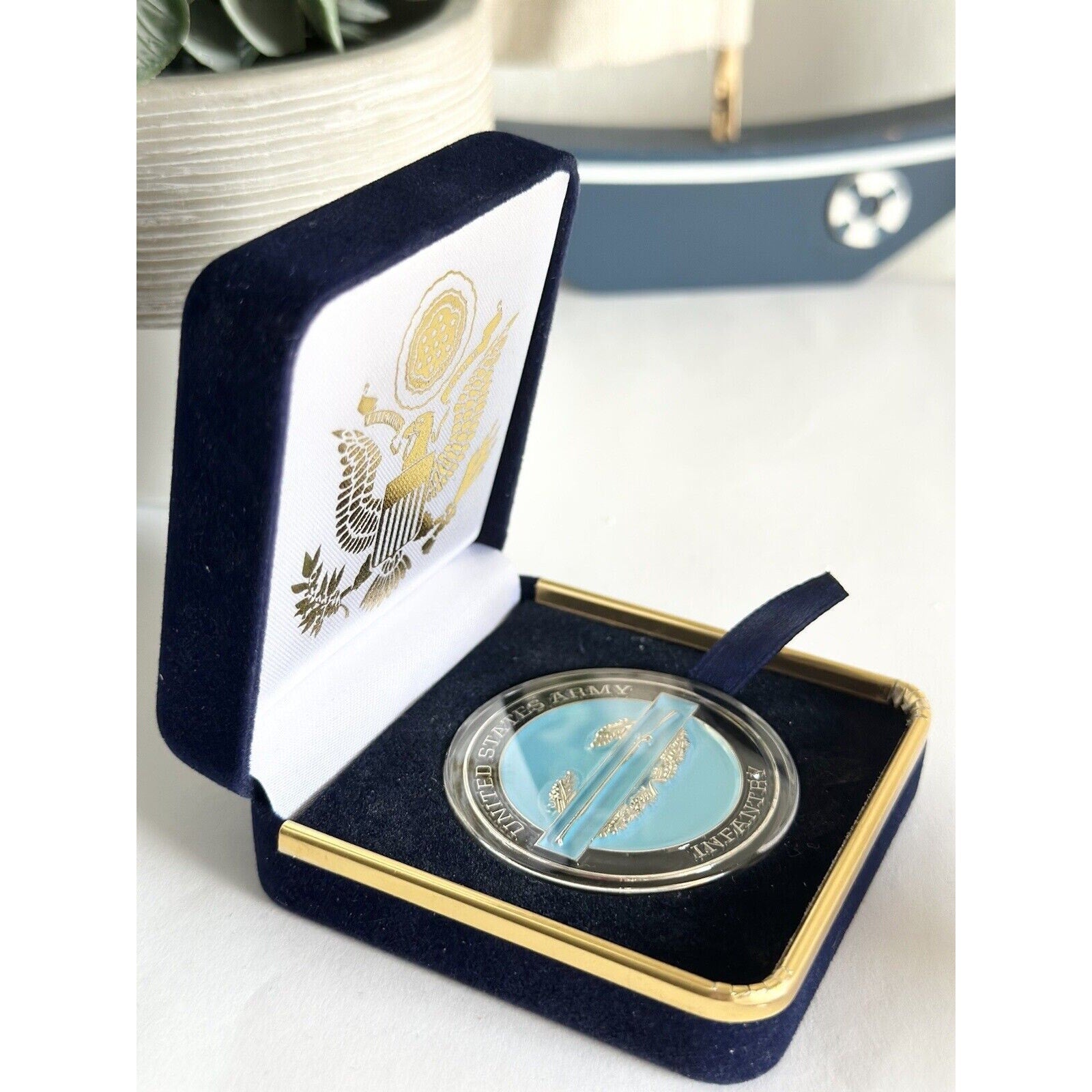US Army Combat Infantry Challenge Coin With Beautiful Velvet Box