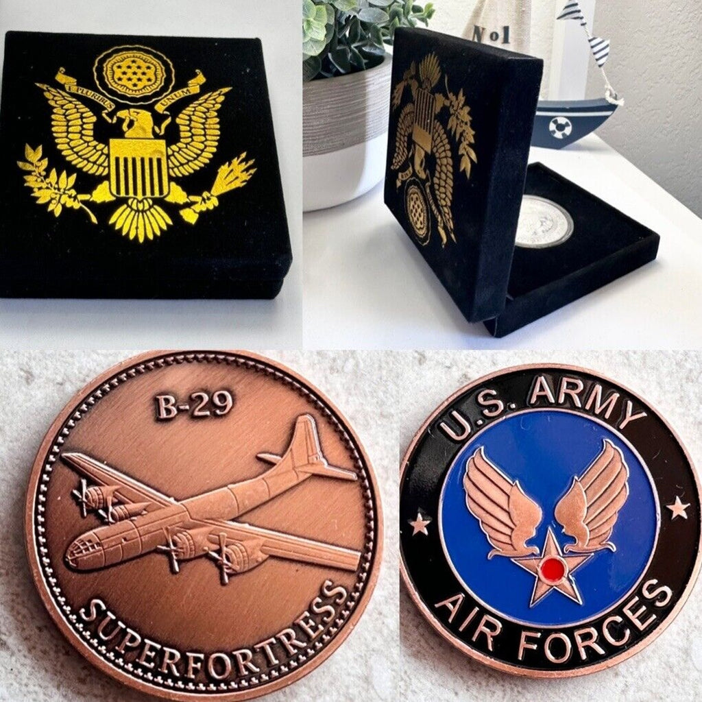 U S ARMY VETERAN AIR FORCES B-29 SUPERFORTRESS Challenge Coin with velvet case