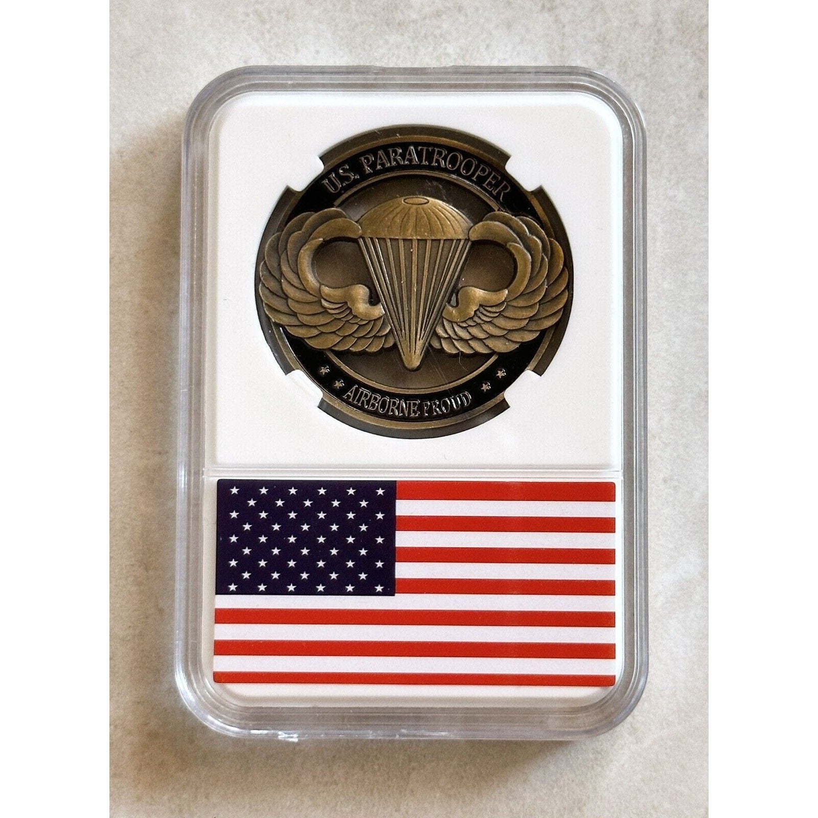 U.S. Paratrooper Always Earned Never Given Airborne Proud Challenge Coin W/ Case