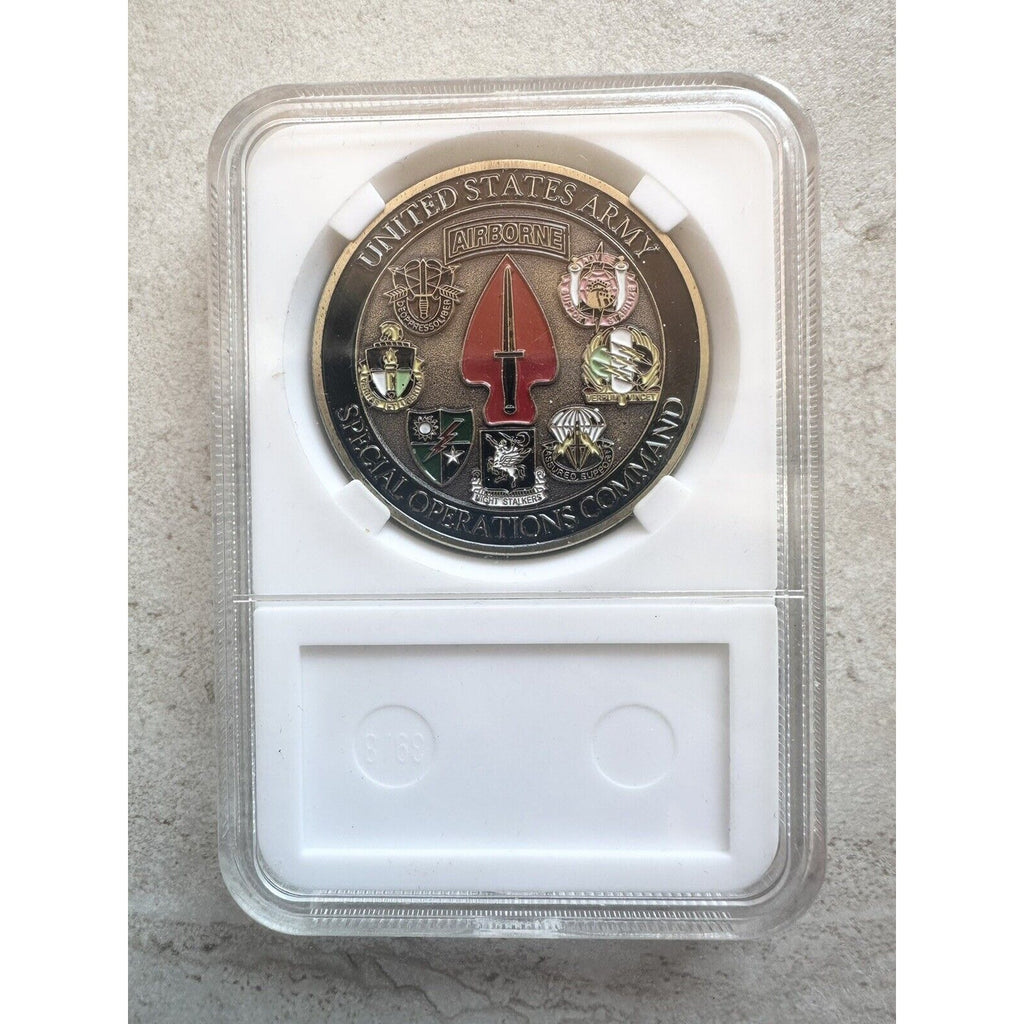 SINE PARI USASOC SPECIAL OPERATIONS COMMAND ARMY CHALLENGE COIN With Case