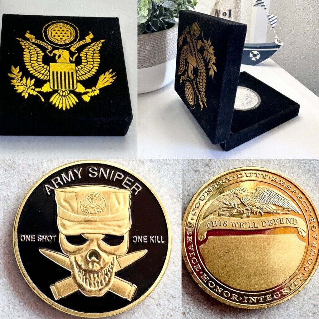 U S ARMY SNIPER "ONE SHOT ONE KILL" Challenge Coin w/ special velvet case