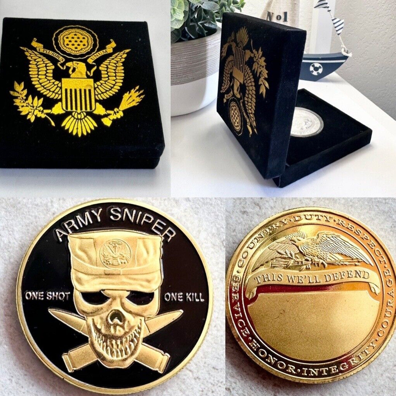 U S ARMY SNIPER "ONE SHOT ONE KILL" Challenge Coin w/ special velvet case
