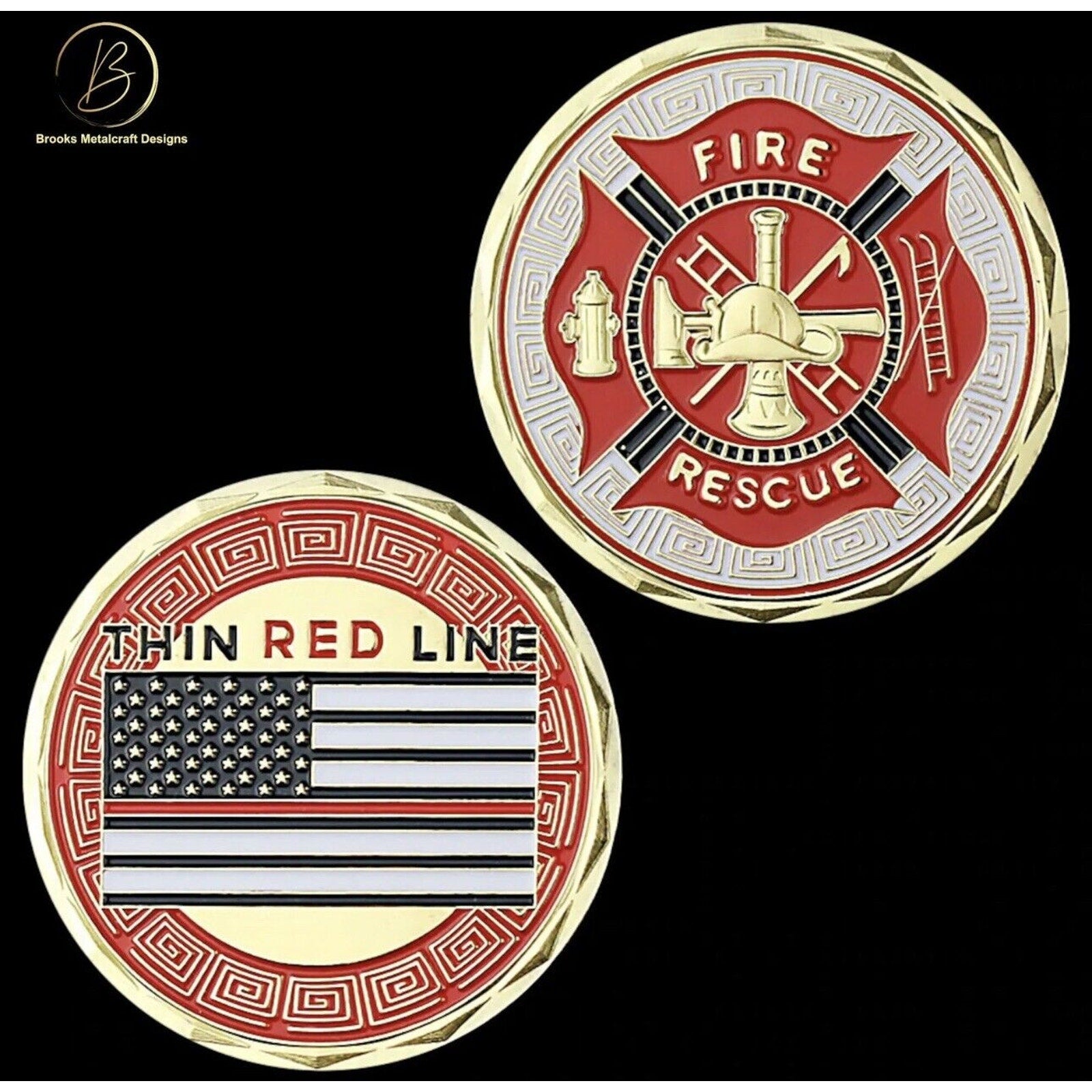US Fire Rescue Thin Red Line Flag Challenge Collectible Coin Fireman Gift