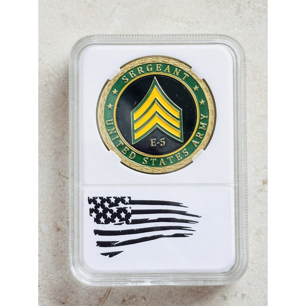 US Army Rank  Sergeant Challenge Coin - E5 With American Flag Case