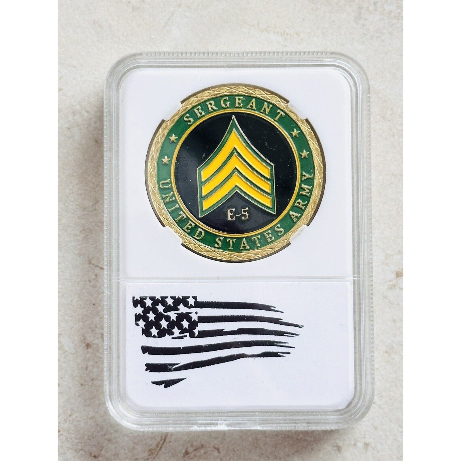 US Army Rank  Sergeant Challenge Coin - E5 With American Flag Case