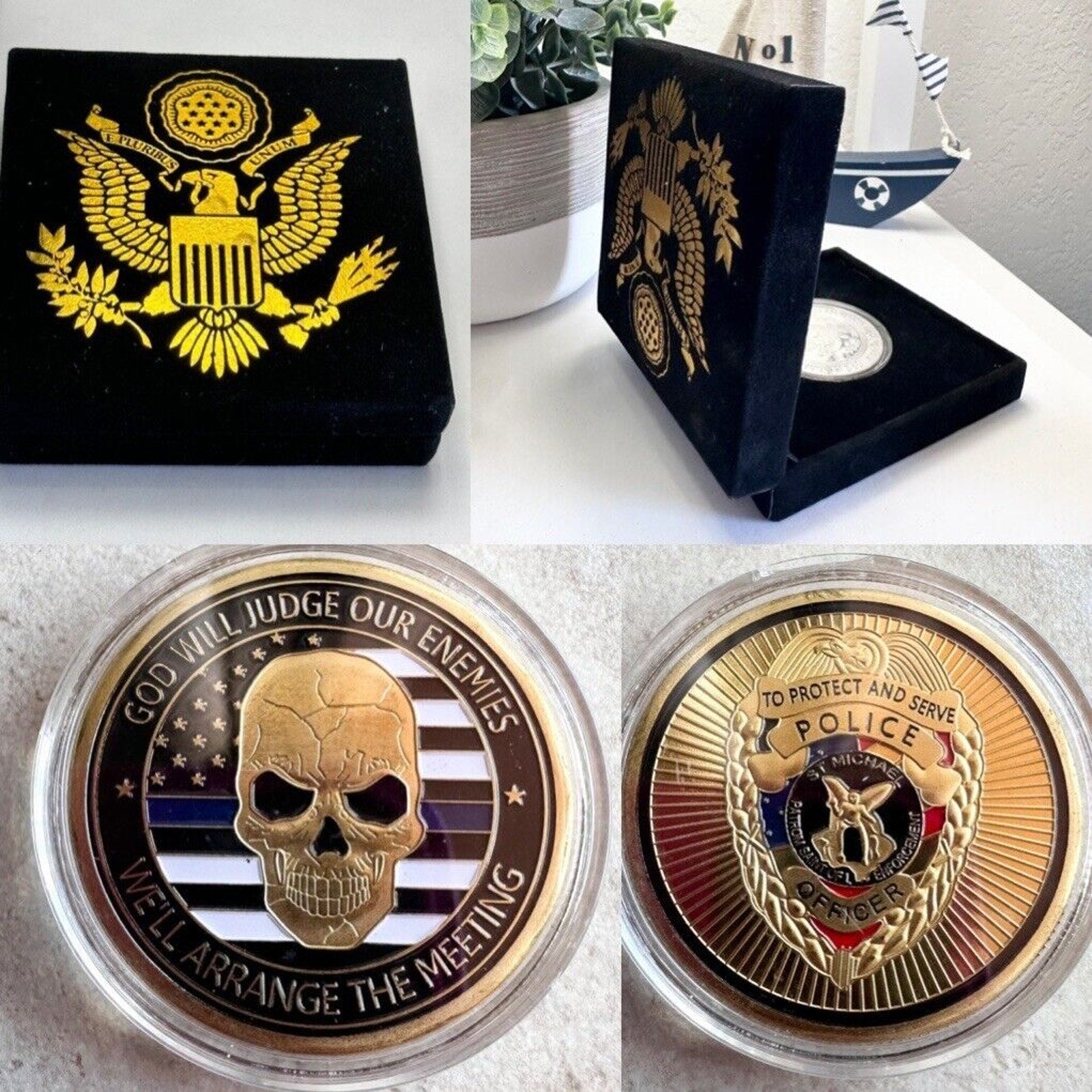 Police Officer Challenge Coin God Will Judge Our Enemies Law Badge Coins w/ case
