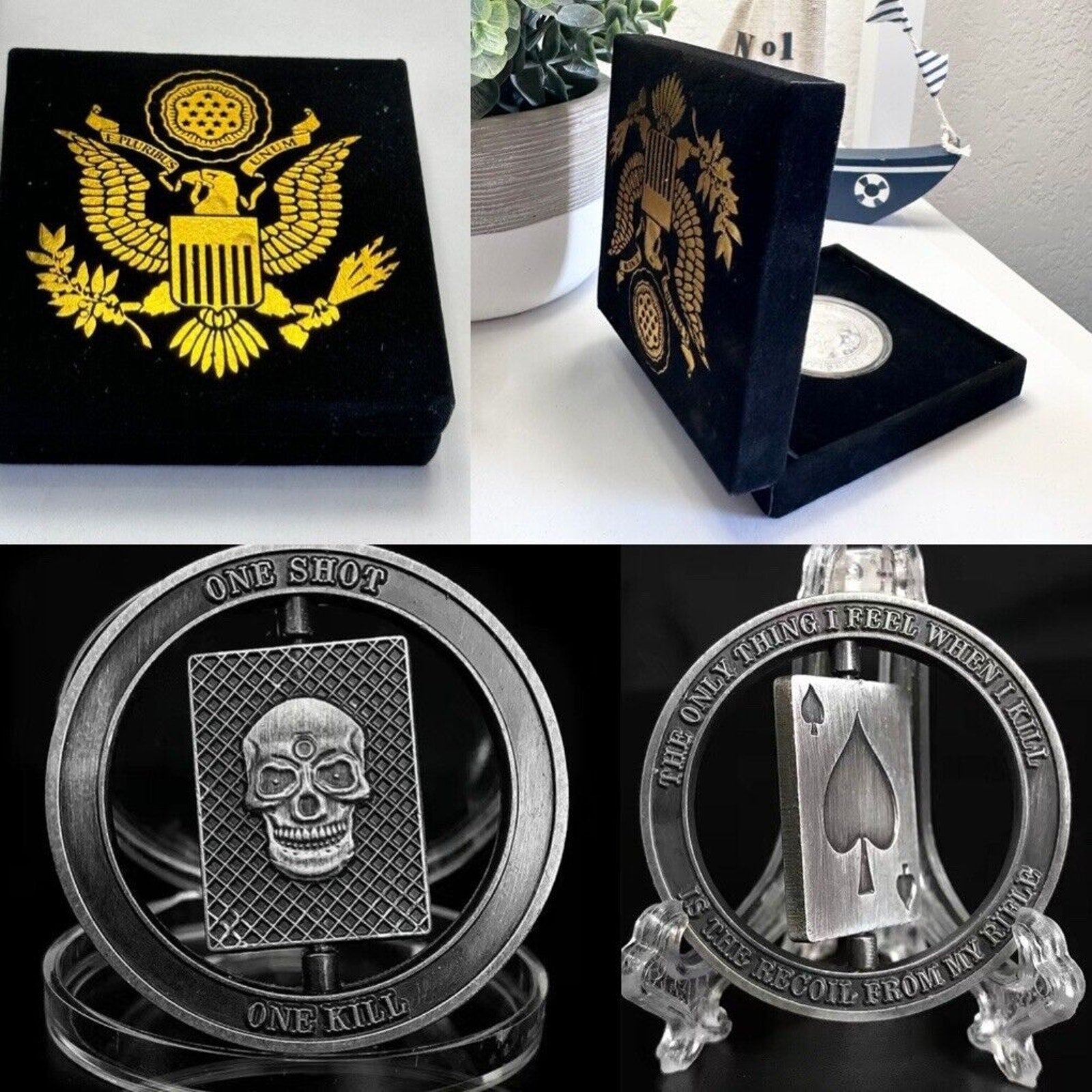 Sniper One Shot One Kill Skull Spinner Military Challenge Coin W/ Velvet Case New