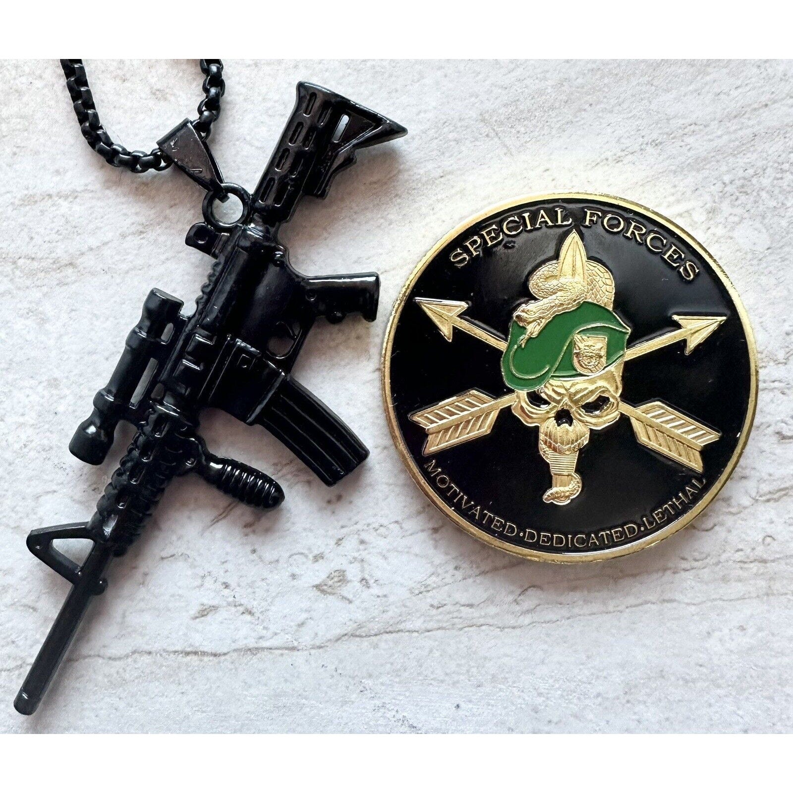 U.S Army Special Forces Motivated Dedicated Lethal Challenge Coin & men necklace