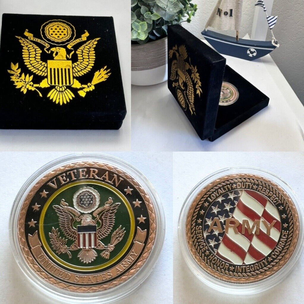 US Army Veteran Challenge Coin Copper with Velvet Presentation Case