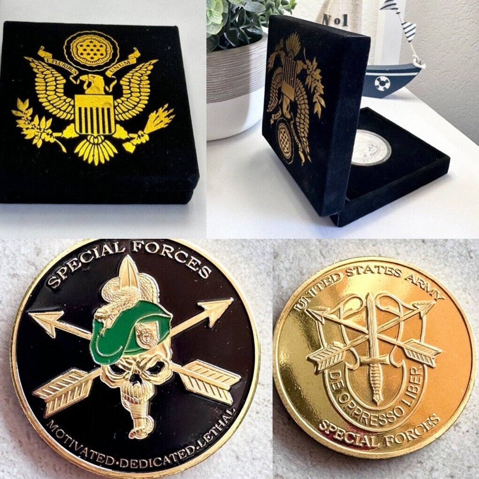 U.S Army Special Forces Motivated Dedicated Lethal Challenge Coin w/ velvet case
