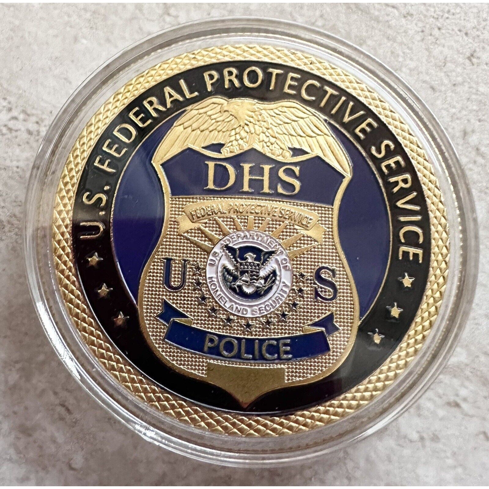 U S Federal Protective Service Police Challenge Coin with velvet case.