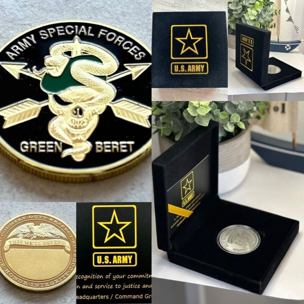 SF Army Special Forces Green Beret Challenge Coin W Special Case & Certificate