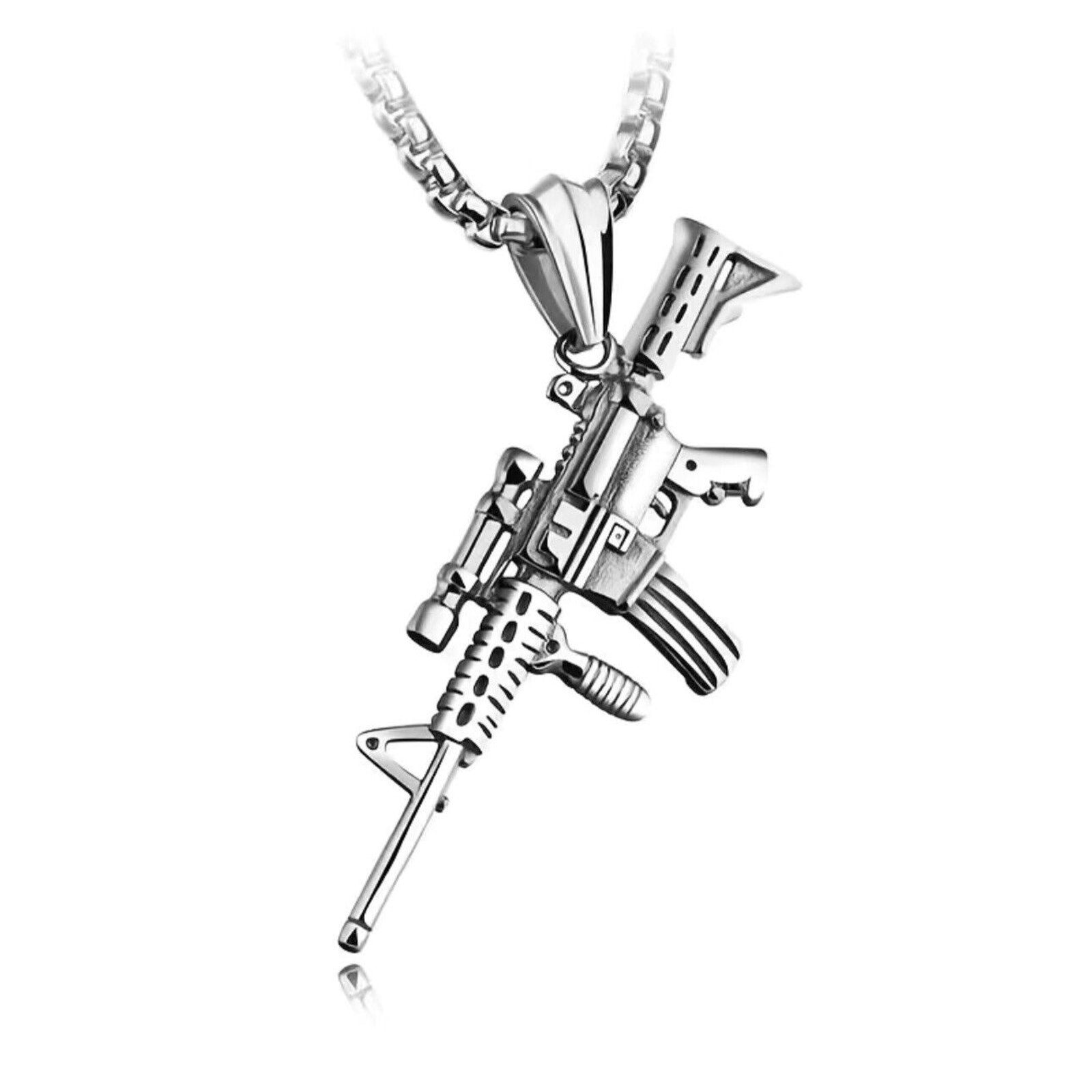 Mens Submachine Gun Bullet Pendant Necklace Punk Jewelry Stainless Steel Chain