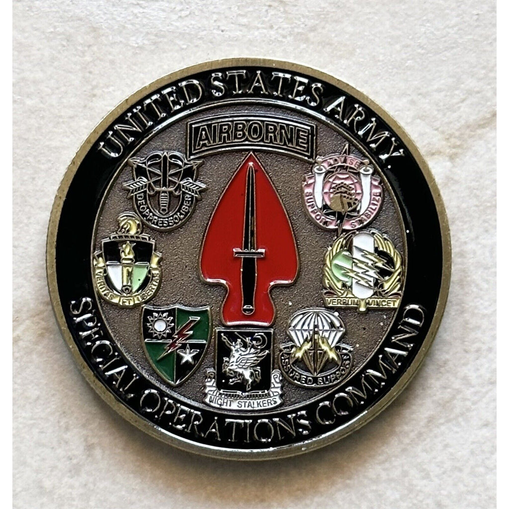 Bronze Plated U.S. Army Special Operations Command Challenge Coin With Case.
