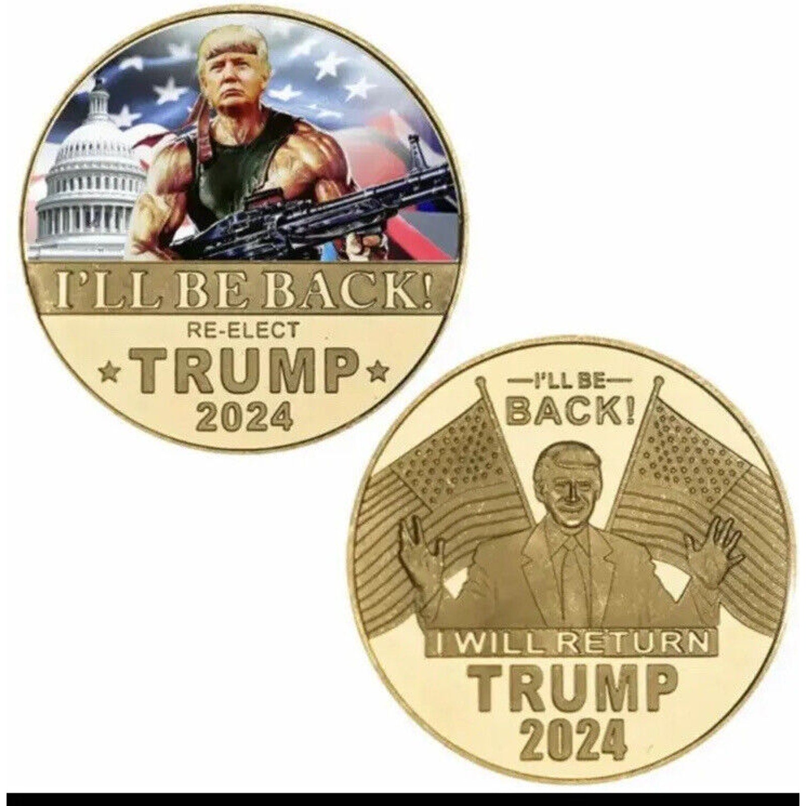 Great 45Th President Donald Trump Gold RAMBO Coin I'll Be Back 2024 Gift