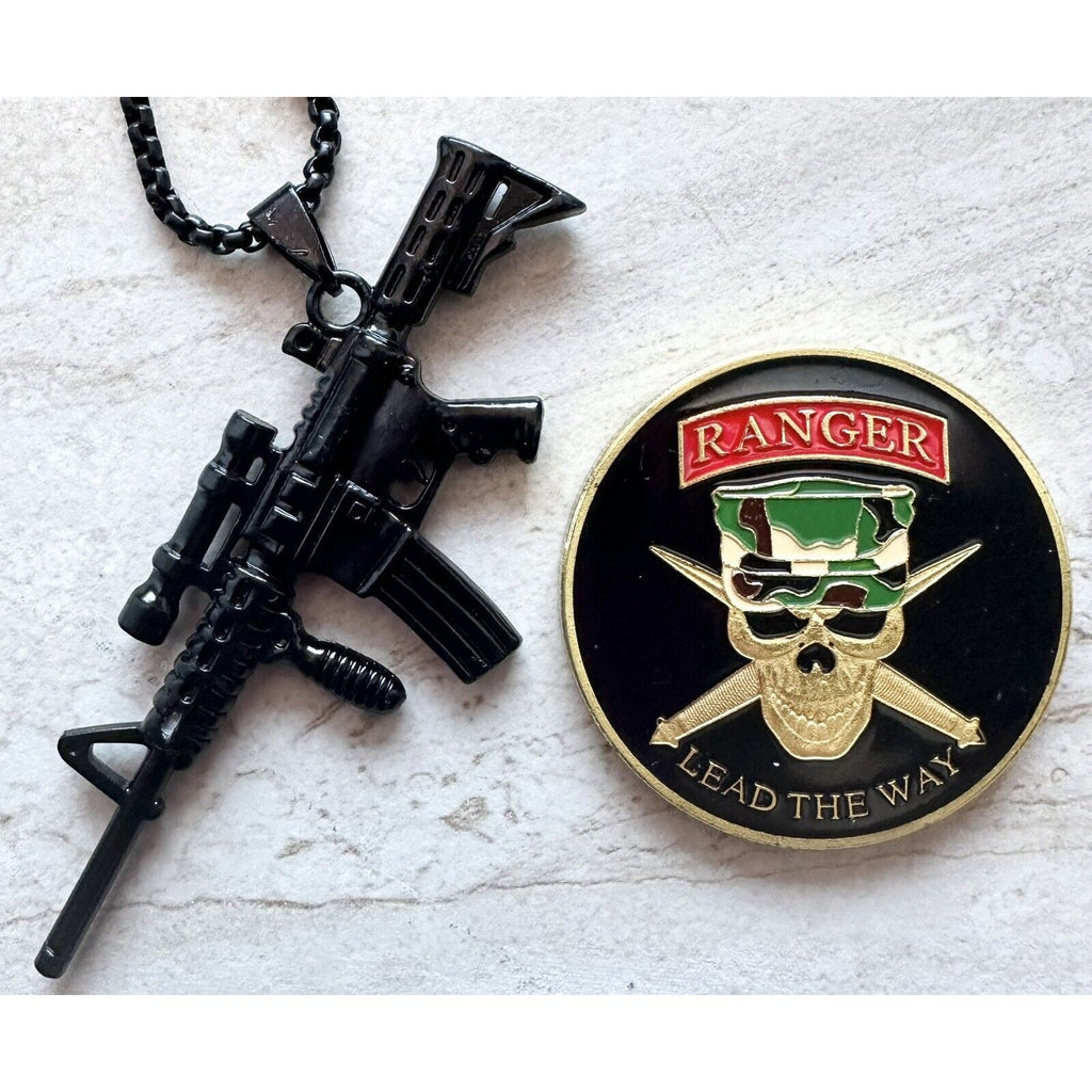 2 pcs US ARMY RANGER Lead The Way Challenge Coin 75th Battalion & men necklace